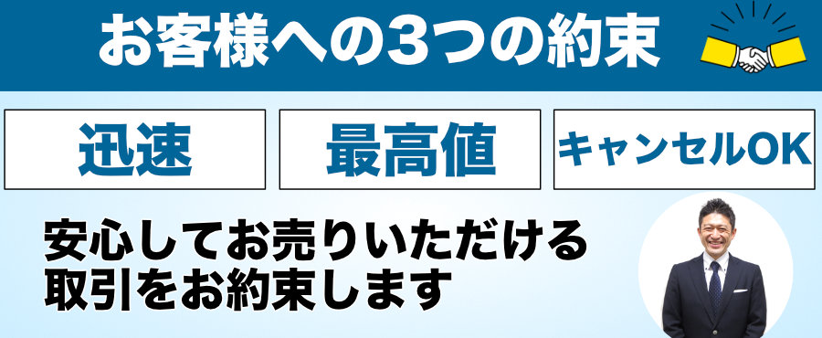 お客様への3つの約束 迅速・最高値・キャンセルOK 安心してお売りいただける取引をお約束します